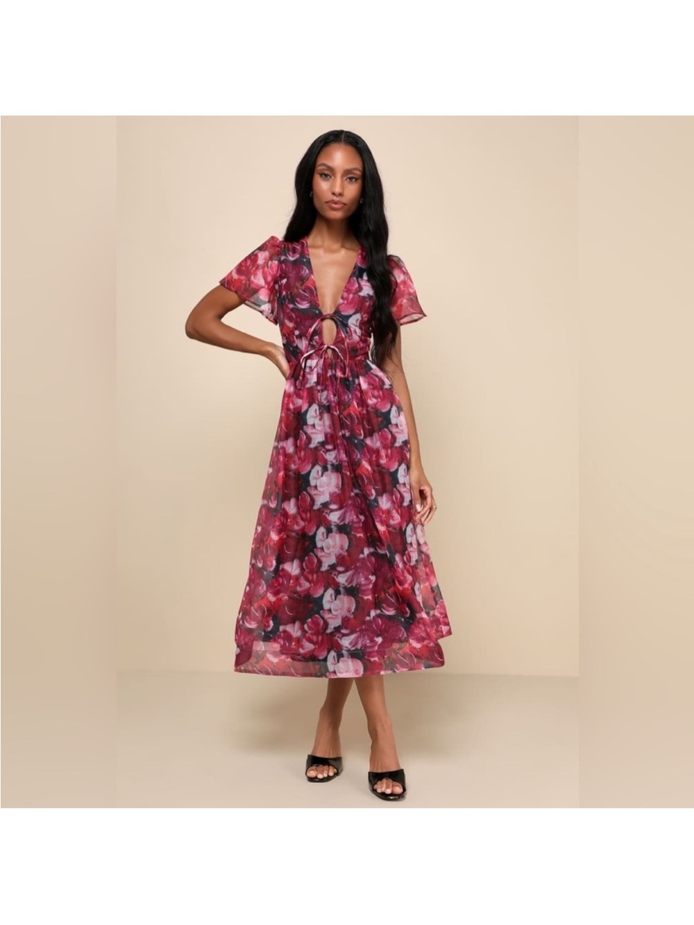 Lulus Floral Tie-Front Midi Dress